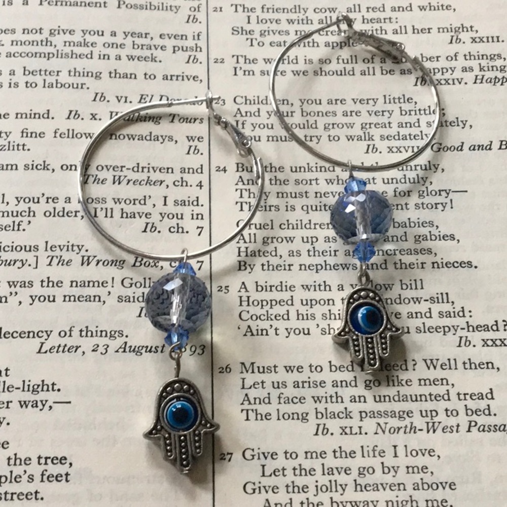 Hamsa Evil Eye Protection Blue Faceted Crystal Beads Earrings Handmade